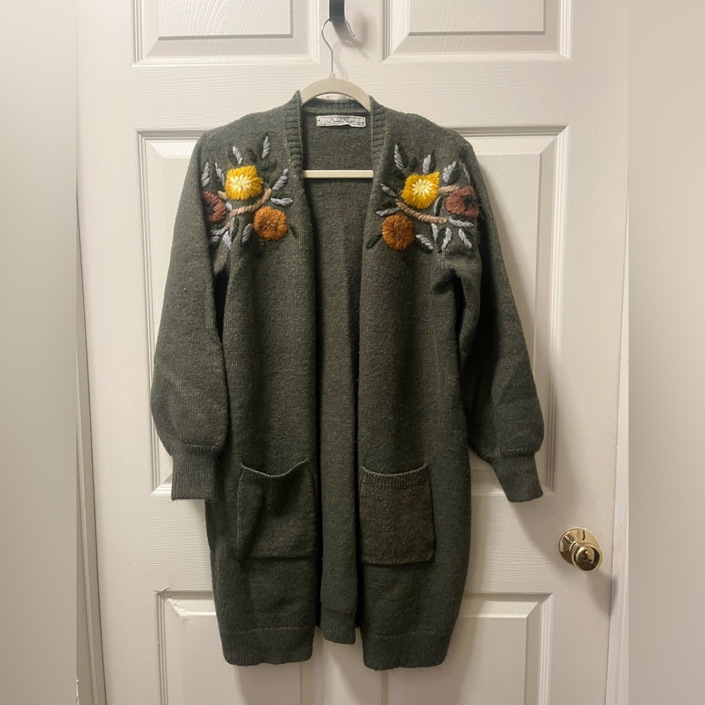 Boundless North Women’s  Floral Embroidered Open Cardigan‎ in Deep Green Sz Sm